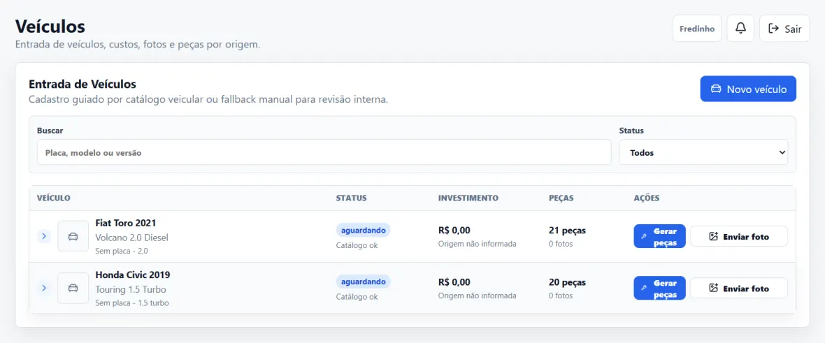 Tela de veículos do NexParts